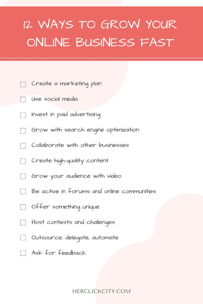 A checklist showing 12 ways to grow your online business fast